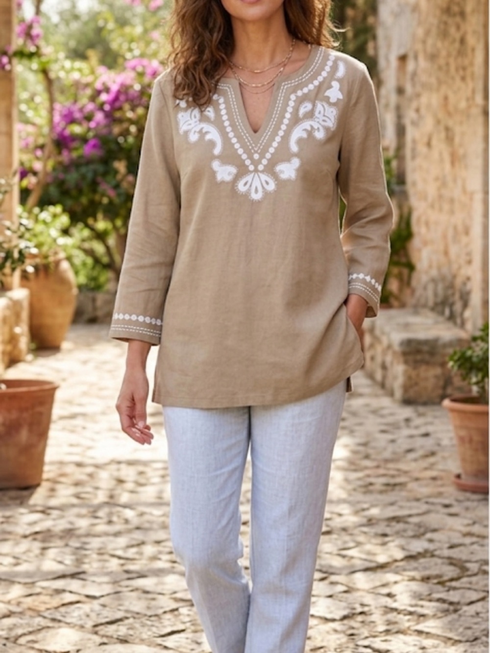 NWT Jaclyn Smith Neutral Linen Blend Tunic Top Size M